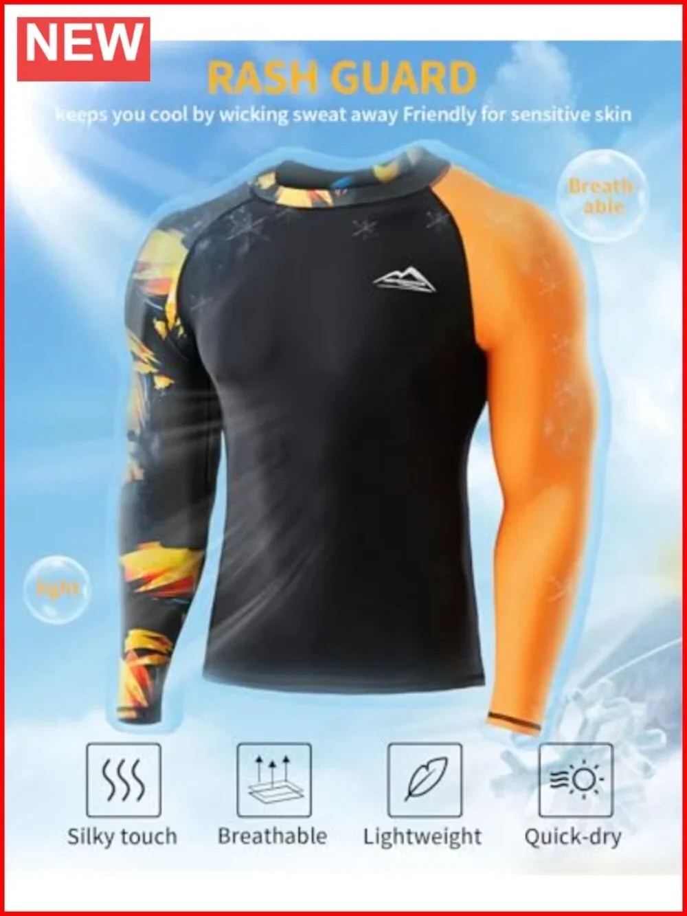 Men's UPF 50+ Long Sleeve Rash Guard Compression Athletic Shirt Quick Dry
